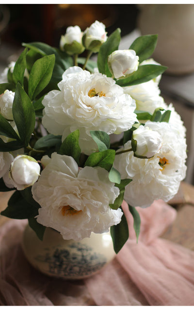 Artificial Peony Flowers 12 Gradient Purple Stems with French Hand-Painted Country Milk Jug