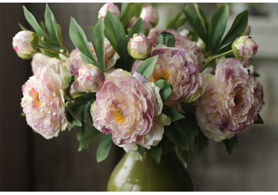 Artificial Peony Flowers 12 Gradient Purple Stems with French Hand-Painted Country Milk Jug