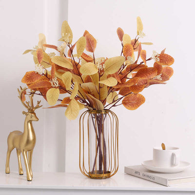 Artificial Eucalyptus Leaves Bouquet with Lantern-Style Metal Vase